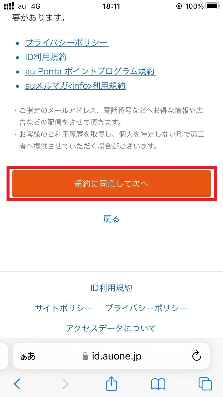 入力後[規約に同意して次へ]をタップ